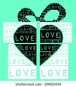 Green background with type font Love words create a gift box with black color heart illustration together vector print pattern. For fashion and graphic design