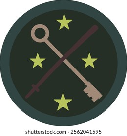 green background unique and modern logo with 4 star around it. key with arms and yellow stars illustration logo art. 
