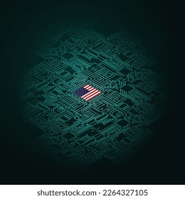 Grüner Hintergrund mit US-Flaggen-Mikrochip und Perspektive elektrische Leiterplatten Silhouette. Elektronische Technologie-Boards mit cpu aus Amerika