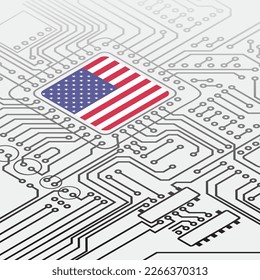 Grüner Hintergrund mit US-Flaggen-Mikrochip und Perspektive elektrische Leiterplatten Silhouette. Elektronische Technologie-Boards mit cpu aus Amerika