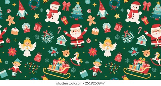 A green background with a variety of Christmas decorations including a snowman, angel, and Santa Claus