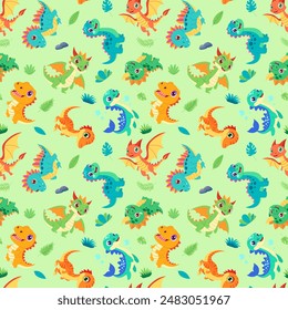 A green background with a variety of colorful dinosaurs. The dinosaurs are all different sizes and colors, and they are scattered throughout the image. Scene is playful and whimsical
