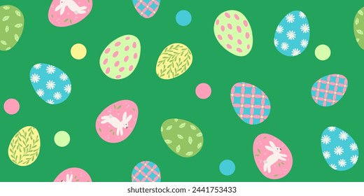 Green background with a variety of colorful Easter eggs and dots, seamless pattern, vector