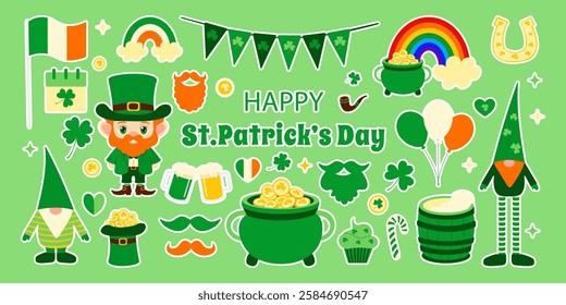 A green background with a variety of Irish symbols and a happy St. Patrick's Day message. The symbols include a green shamrock, a rainbow, a pot of gold, a man with a beard and mustache