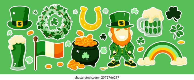 A green background with various symbols of St. Patrick's Day. A man wearing a green hat and a green vest is standing in front of a green flag. There are also a few coins and a cup