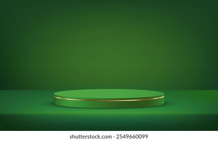 Green background vector 3d with green and gold podium. Space for selling products on the website. Vector illustration.