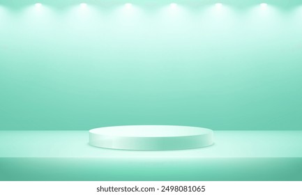 Vector de fondo verde 3d con podio. Fondo de la habitación de estudio azul y verde vacío. Espacio para la venta de productos en el Sitio web. Escena mínima de la pared para el escaparate de la etapa de los productos. Ilustración vectorial.