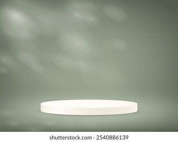 Green background vector 3d with white podium. Background green Studio with Shadow Leaves. Space for selling products on the website. Empty room with shadow leaves. Vector illustration.