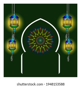 Green background vector illustration, 4 lanterns and mandalas for banner, eid greeting card