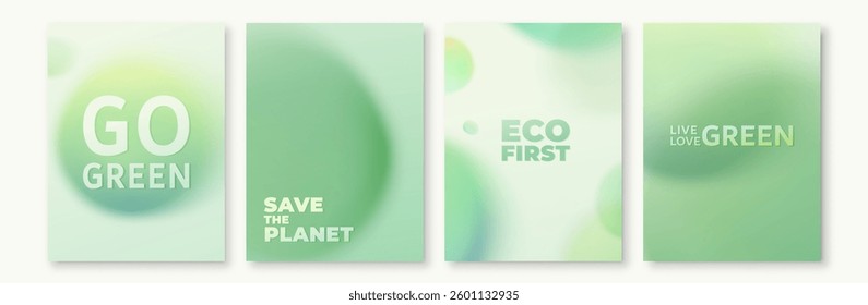 Green background vector illustration. Eco ecology abstract patterns with gradation blur dots, blurry round shapes. Minimal organic modern design for earth day poster, spring template.