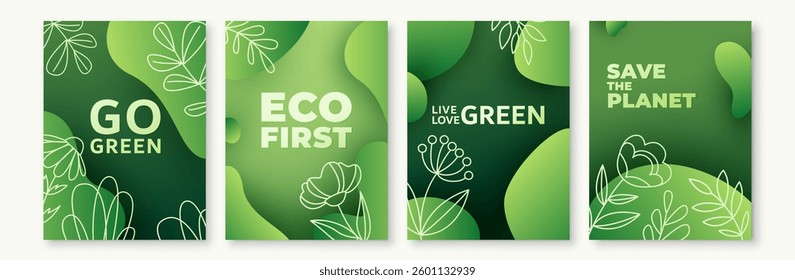 Green background vector illustration. Eco ecology abstract patterns with gradient fluid wave shapes, flower leaves plant line art. Minimal organic modern design for earth day poster, spring template.