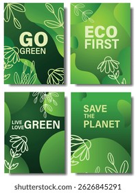 Green background vector illustration. Eco ecology abstract patterns with gradient fluid wave shapes, flower leaves plant line art. Minimal organic modern design for earth day poster, spring template 