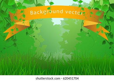 Green background with vegetation, yellow ribbon, creeper and grass. Vector illustration