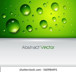 Fondo verde con gotas de agua y espacio de copia, ilustración abstracta vectorial
