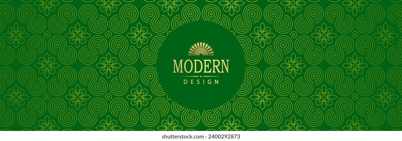 Green background with wavy gold ornament, isolated solid color round frame.