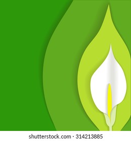Green background with white calla flower cut out of paper at the side, material design style, in vector