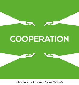 Green background, white cooperation icon, and hand drawing. Vector drawing.