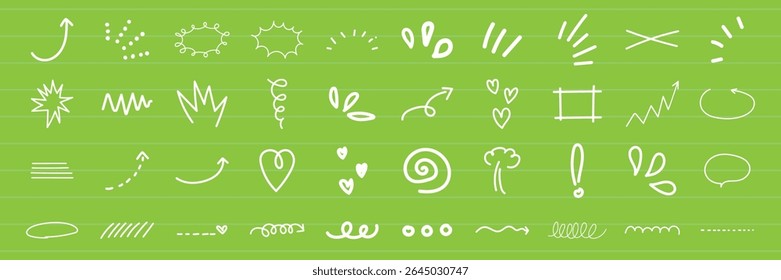 Fundo verde com rabiscos brancos. Os rabiscos incluem setas, corações, espirais e rabiscos. Rabiscos brincalhões em um fundo verde. Rabiscos e símbolos caprichosos. Elementos doodle brancos, conjunto de vetores.