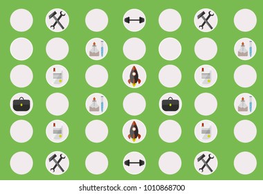 Green background with white dots and symbols of professions