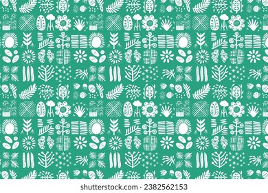 Green Background with White Floral Pattern, Spread-Winged Bird