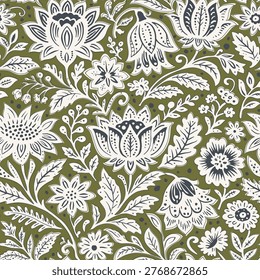 Green background with white floral pattern. Jacobean floral block print repeat pattern. Indian Floral Block Print. Botanical illustration.