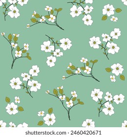 A green background with white flowers in a pattern. The flowers are drawn in a stylized way, with some of them having yellow centers. Scene is cheerful and bright