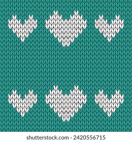 Green background and white heart knitted pattern. knitted vector pattern. Seamless gradient pattern for clothing, wrapping paper, backdrop, background, gift card.