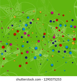 Green background with white hearts in the style of sketching and bright colored dots.
