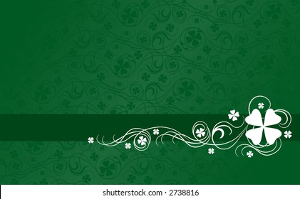 Green background with white shamrock swirl designs. Horizontal format.