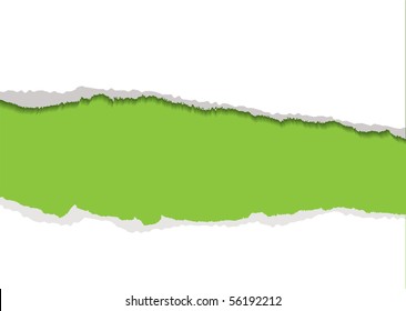 Green Background With White Torn Paper Edge And Shadow