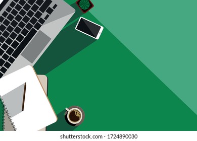 Green Background Workspace Top View Notebook Computer Vector Illustration