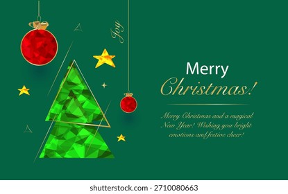 Green Background Xmas Card with Low Poly Decorations