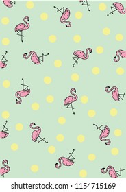 green background, yellow dots and pink flamingo hand drawn vector pattern design