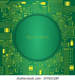 Green background with yellow electronic circuit. Circle in the center with copy space. Green electronic circuit background