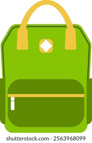 Green backpack featuring yellow handles, a zipper closure, and a white rhombus shaped detail, ideal for students, travelers, or anyone needing a stylish and practical bag