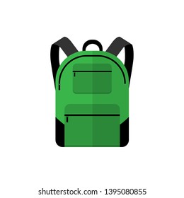 Green backpack flat vector illustration with 2 straps and handle