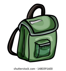 Green backpack with front zip pocket. School backpack or sports bag. Isolated image. Vector design. Vector llustration