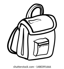Green backpack with front zip pocket. School backpack or sports bag. Isolated image. Coloring for children, leisure, antistress. Doodle. Cartoon clip art accessory for travelers. Vector illustration. 