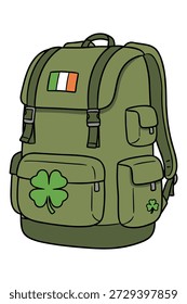 Mochila verde com bandeira irlandesa e símbolos de trevo representando sorte e Irlanda.
