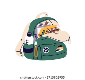 Mochila verde com zíper aberto. Bolsa de escola com livros, papelaria. Bolsa com garrafa de água, livros didáticos. Mochila, mochila para estudantes. Ilustração de vetor isolado plano sobre fundo branco