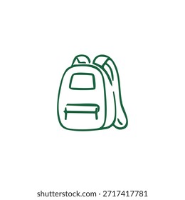 Un contorno verde de la mochila contra un fondo blanco; una ilustración simple, bidimensional