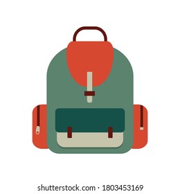 Green backpack with pockets, isolated on white background. School, sport and travel bag. Vector illustration in flat style. 