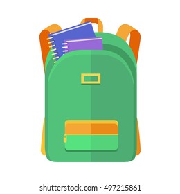 Green backpack schoolbag icon in flat style. Hiking backpack. Kids backpack with notebooks, education and study school, rucksack, urban backpack vector illustration on white background