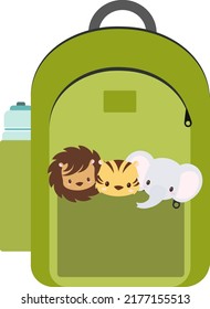 Green backpack with sweet lion and tiger and elephant for a boys first day of school