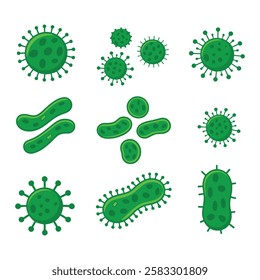 Green bacteria and germs vector set isolated on white background. Collection of various microbe shapes and designs, perfect for science, biology, or medical themes.
