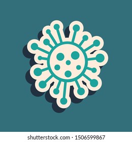 Green Bacteria icon isolated on blue background. Bacteria and germs, microorganism disease causing, cell cancer, microbe, virus, fungi. Long shadow style. Vector Illustration