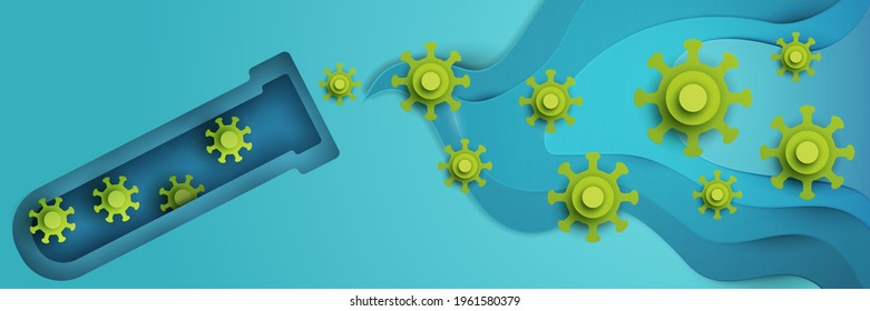 Green bacteria, molecule or virus in blue test tube. Modern paper cut style. Craft origami design background. Minimalistic colorful geometric concept for banner. Vector illustration.