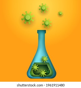 Green bacteria, molecule or virus in blue flask. Modern paper cut style isolated on yellow background. Craft origami design element. Minimalistic colorful geometric concept. Vector illustration.