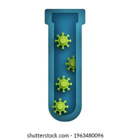 Green bacteria, molecule or virus in blue test tube. Modern paper cut style isolated on white background. Craft origami design element. Minimalistic colorful geometric concept. Vector illustration.
