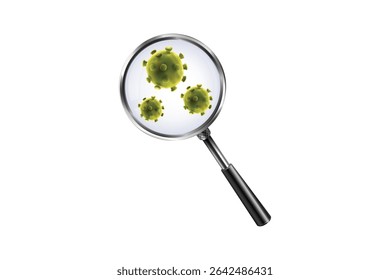 Green bacteria viewed under magnifying glass, ideal for infection and medical research themes.